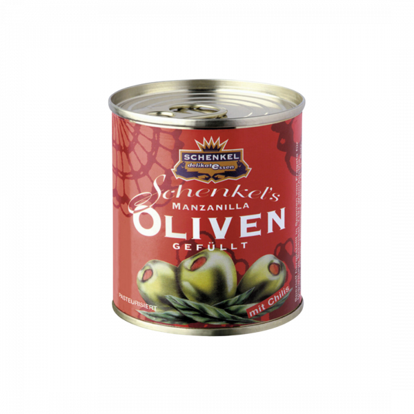 Schenkel Oliven "Manzanilla" grün, mit Chili-Füllung, aus Spanien, 85 Gramm (Abtropfgewicht)